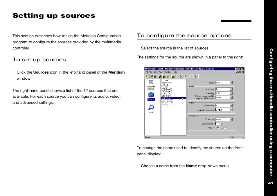 Setting up sources, Configuring options using a pc, Setting up using a pc | Meridian America 562V.2 User Manual | Page 46 / 61