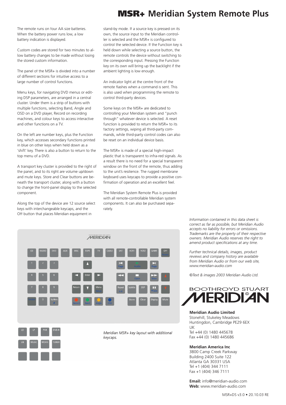 Msr+ meridian system remote plus | Meridian America MSR+ User Manual | Page 2 / 2