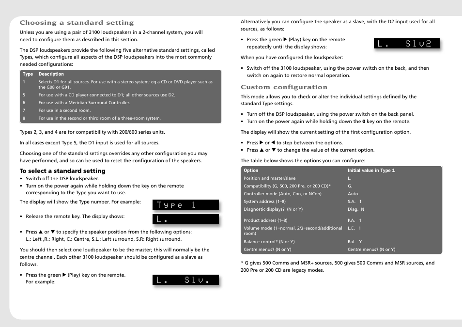 Configuring, Choosing a standard setting, Type 1 | L. slv, L. slv2 | Meridian America 3100 User Manual | Page 9 / 16