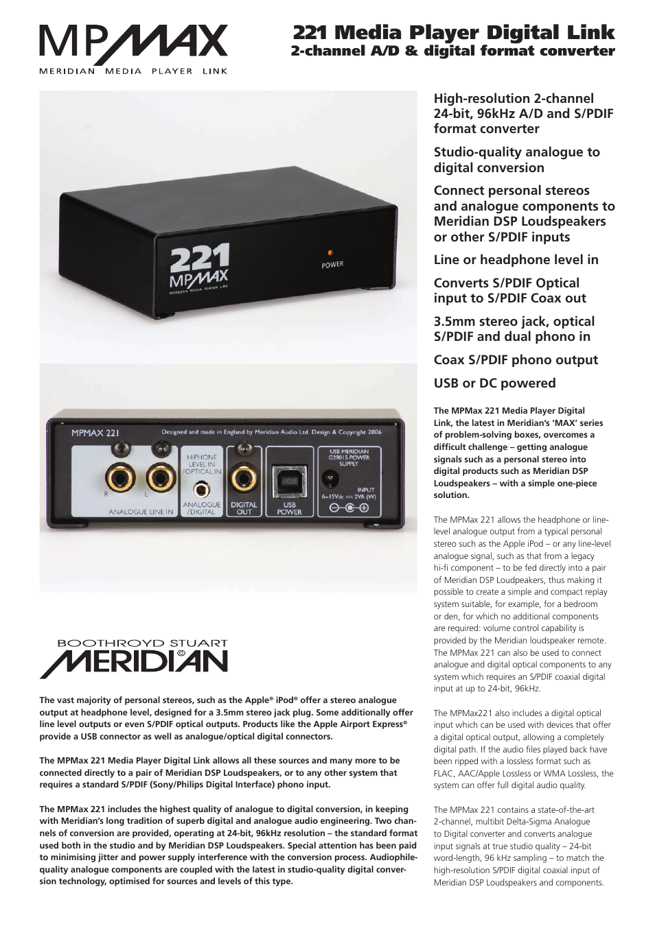 Meridian America 221 User Manual | 2 pages
