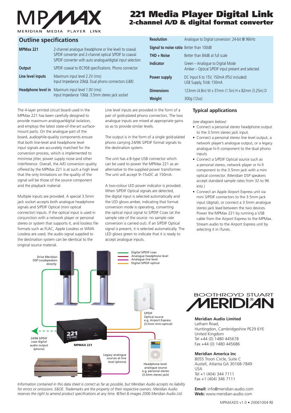 221 media player digital link, Channel a/d & digital format converter, Outline specifications | Meridian America 221 User Manual | Page 2 / 2