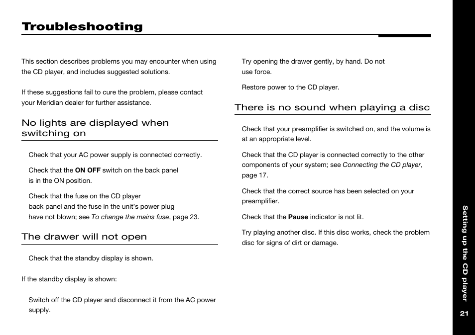 Troubleshooting | Meridian America 506 User Manual | Page 26 / 31