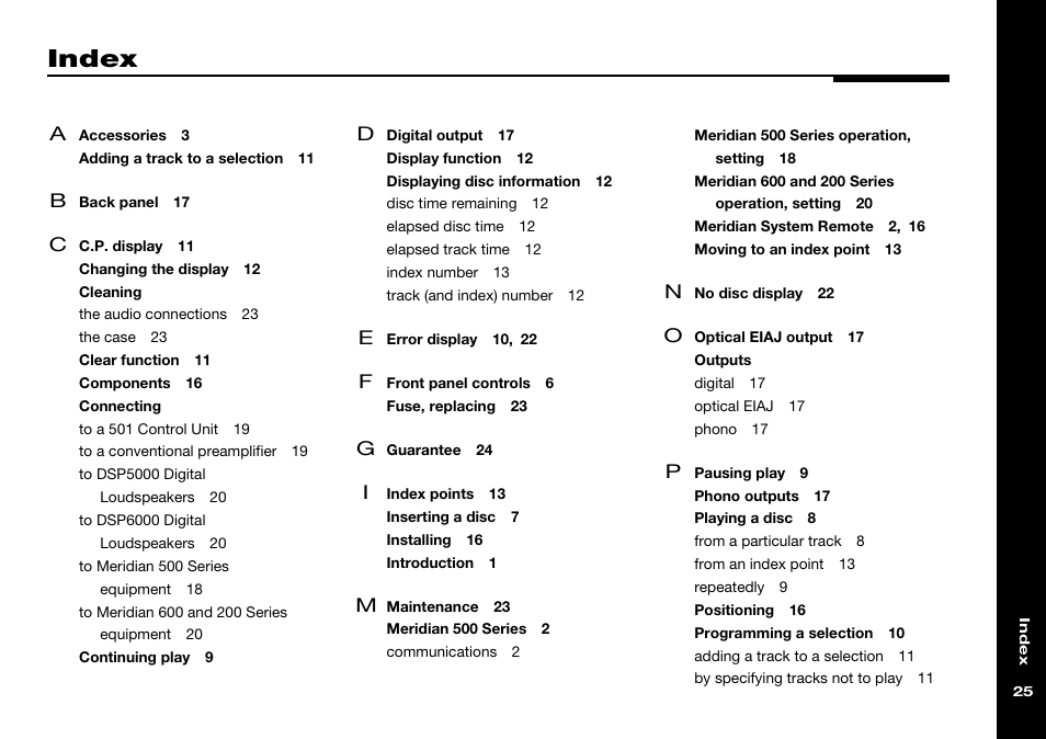 Index, Cleaning, Connecting | Meridian America 506 User Manual | Page 30 / 31