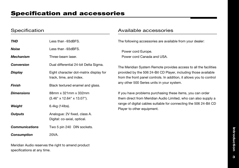 Specification and accessories, Specification, Available accessories | Meridian America 506 User Manual | Page 8 / 31
