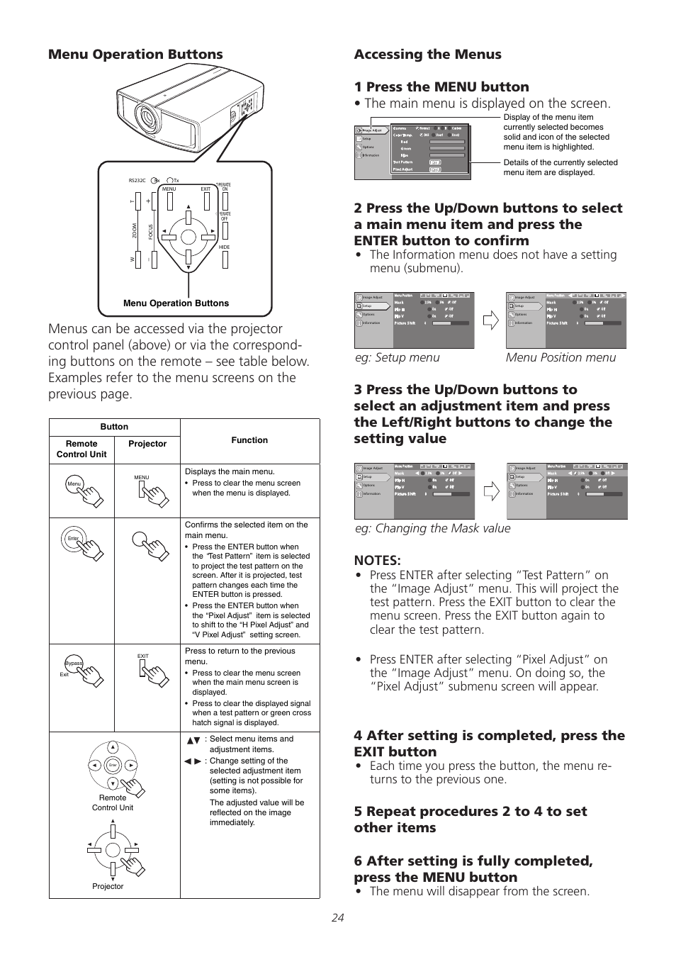 Menu operation buttons, Eg: setup menu menu position menu, Eg: changing the mask value | The menu will disappear from the screen, Button function remote control unit projector | Meridian America D-ILA 1080MF1 User Manual | Page 24 / 38