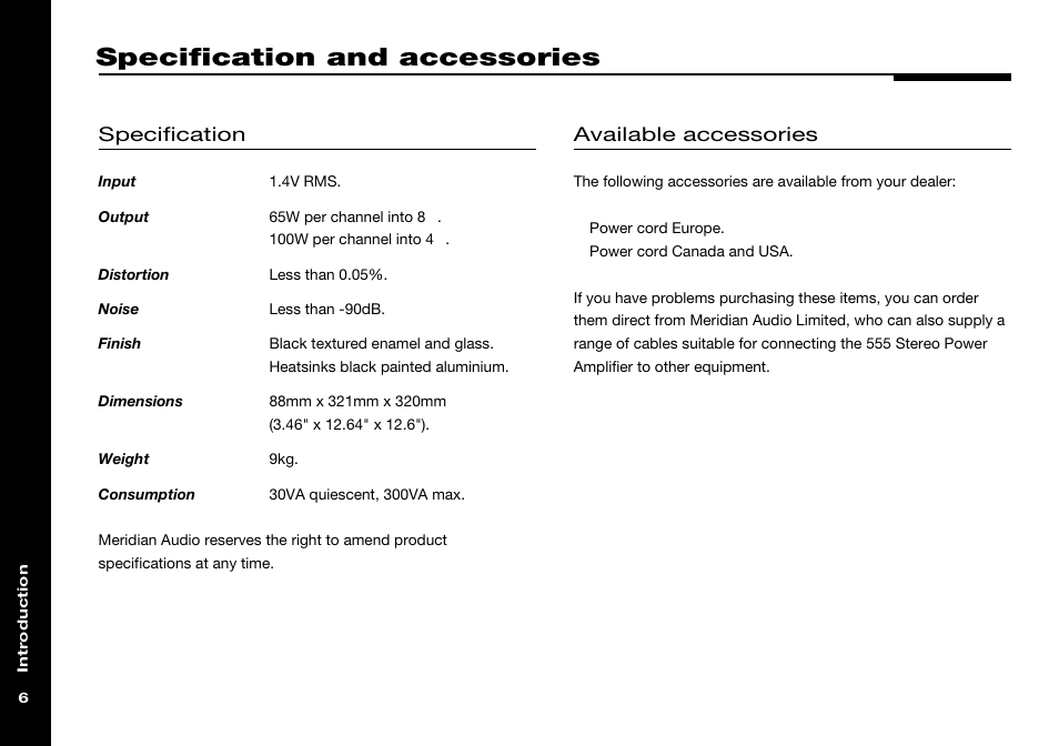 Specification and accessories, Accessories, Specification | Available accessories | Meridian America 555 User Manual | Page 10 / 20