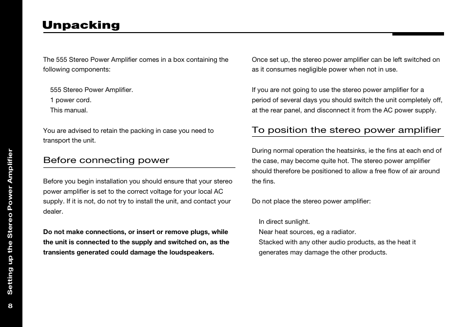 Unpacking, Components, Heat generated during operation | Installing, Overheating, Positioning, Switching on, Before connecting power | Meridian America 555 User Manual | Page 12 / 20