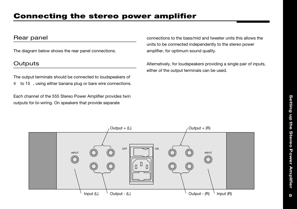 Connecting the stereo power amplifier, Bi-wire connection, Outputs | Rear panel | Meridian America 555 User Manual | Page 13 / 20