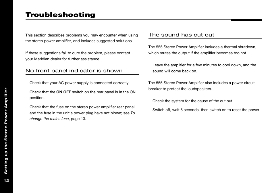 Troubleshooting, Sound has cut out, Thermal protection | Meridian America 555 User Manual | Page 16 / 20