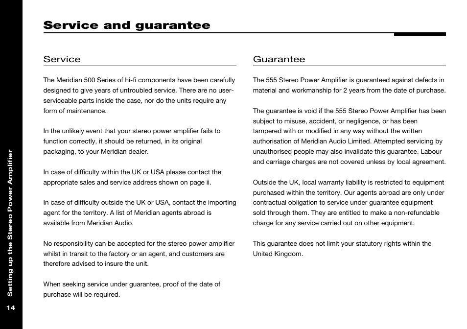 Service and guarantee, Guarantee, Service | Meridian America 555 User Manual | Page 18 / 20