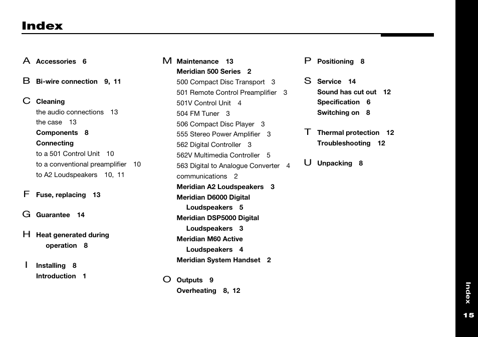 Index, Cleaning, Connecting | Meridian America 555 User Manual | Page 19 / 20