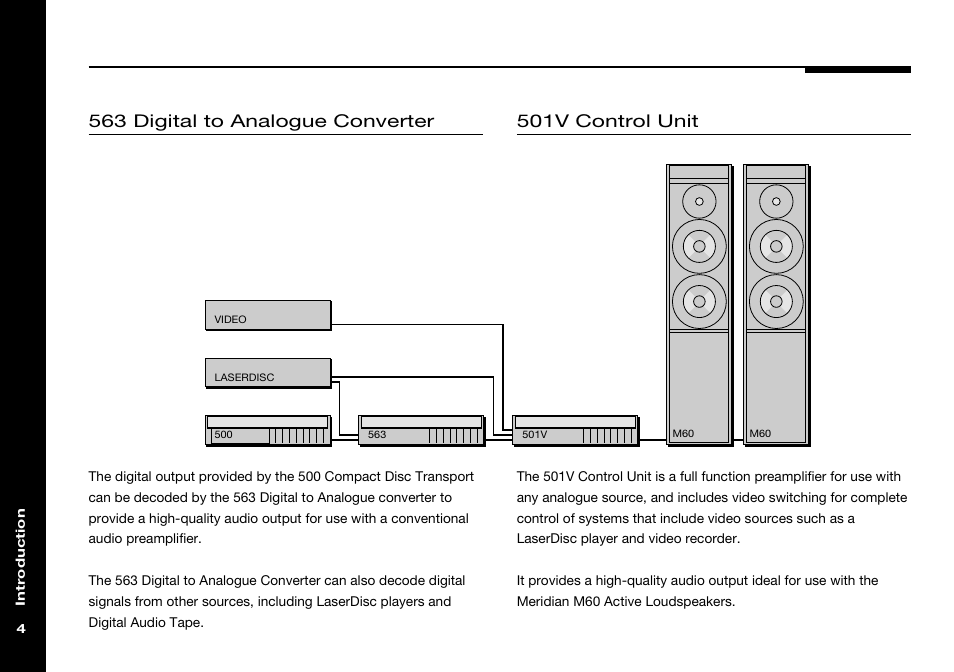 501v control unit, 563 digital to analogue converter, Meridian m60 active loudspeakers | Meridian America 555 User Manual | Page 8 / 20