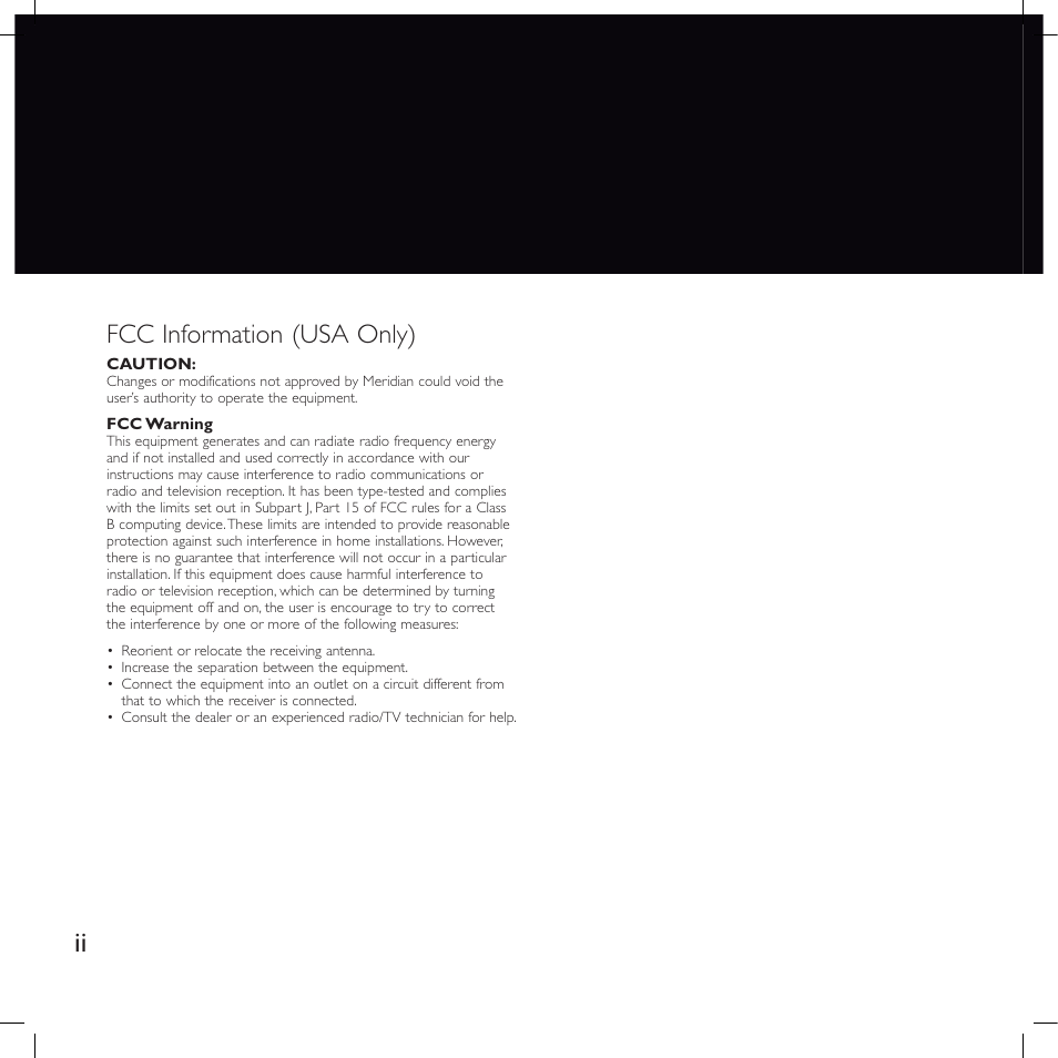Fcc information (usa only) | Meridian America F80 User Manual | Page 3 / 45