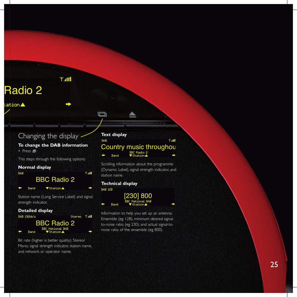 Changing the display, Bbc radio 2, Country music throughou | Station band ` ( ) dab | Meridian America F80 User Manual | Page 30 / 45