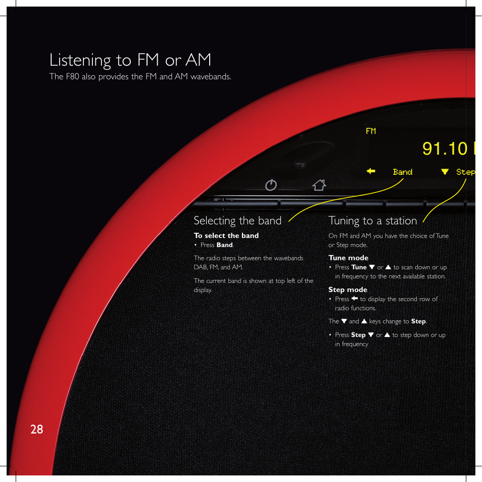 Listening to fm or am, 10 mhz, Selecting the band | Tuning to a station | Meridian America F80 User Manual | Page 33 / 45