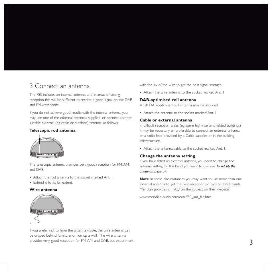 3 connect an antenna | Meridian America F80 User Manual | Page 8 / 45