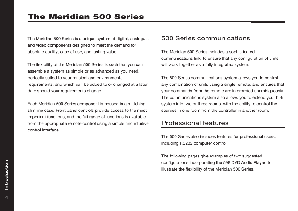 The meridian 500 series, Meridian 500 series, 500 series communications | Professional features | Meridian America 598 User Manual | Page 11 / 87