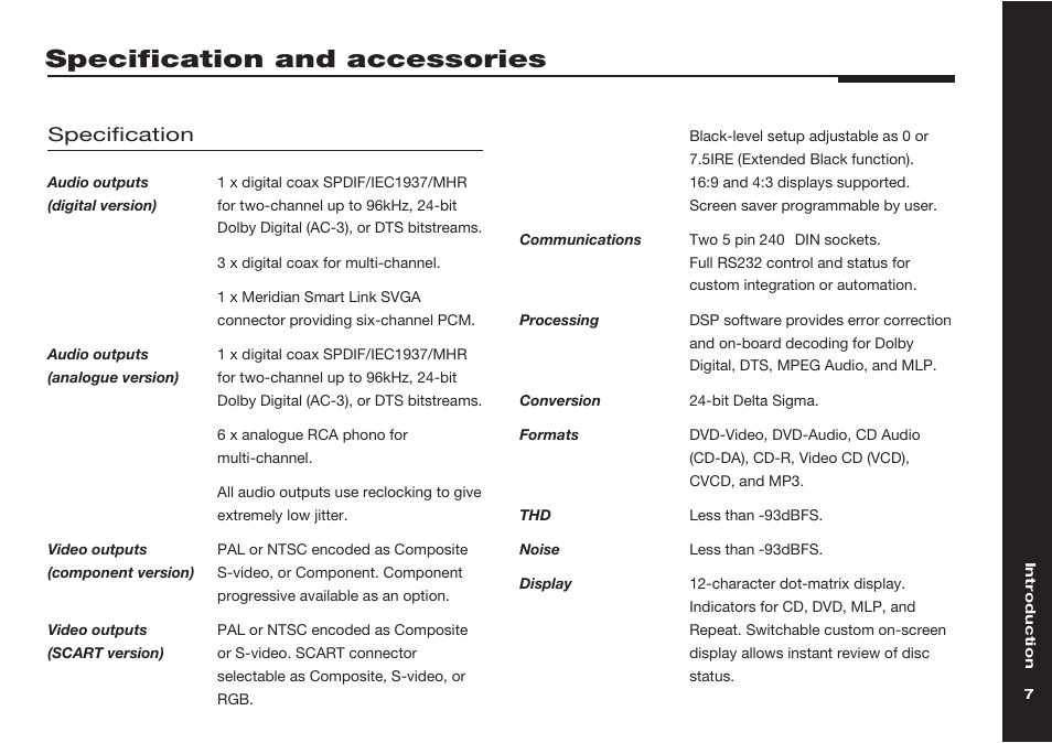 Specification and accessories, Specification | Meridian America 598 User Manual | Page 14 / 87