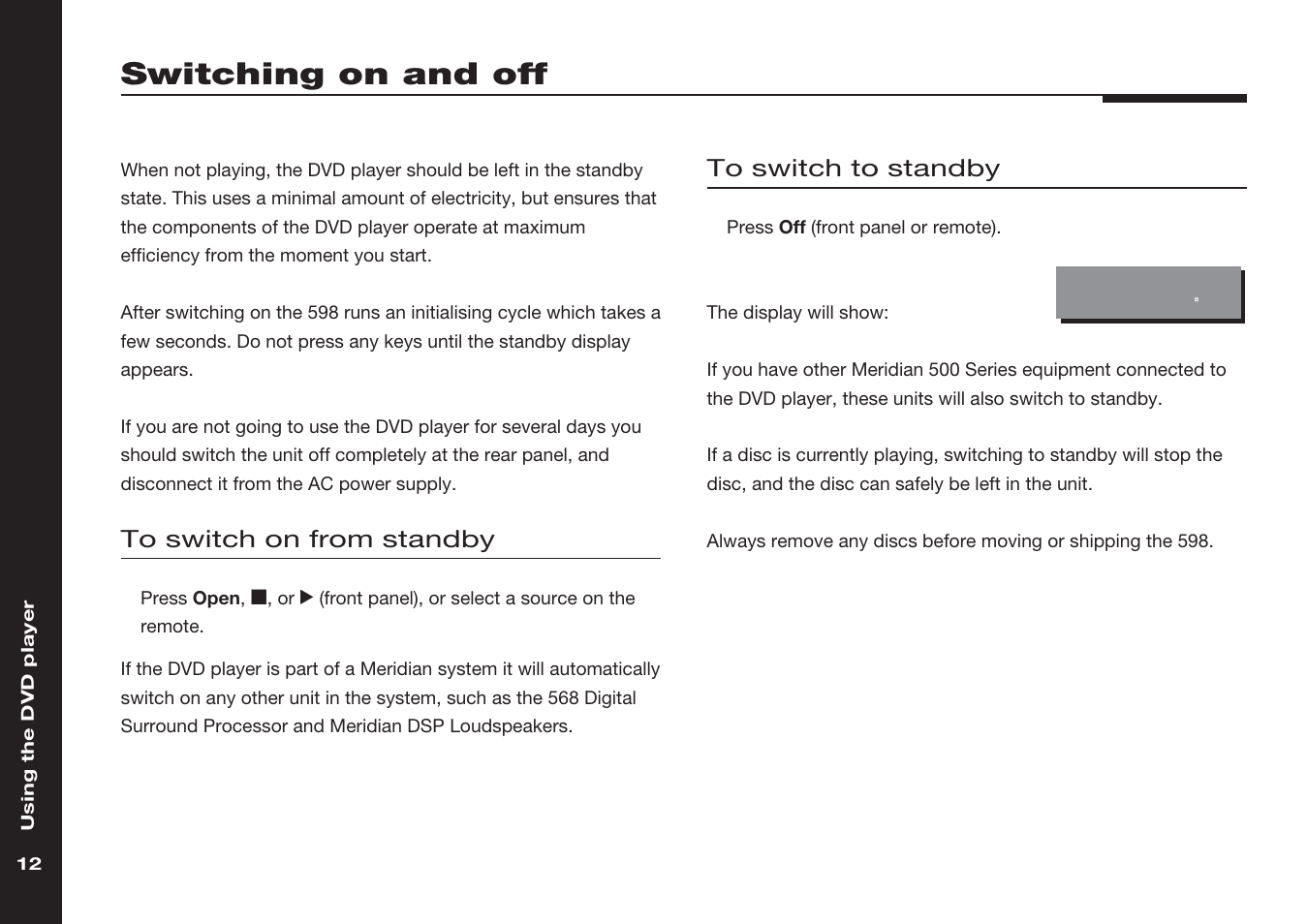 Switching on and off, Flashing, Flashing display | Standby | Meridian America 598 User Manual | Page 19 / 87