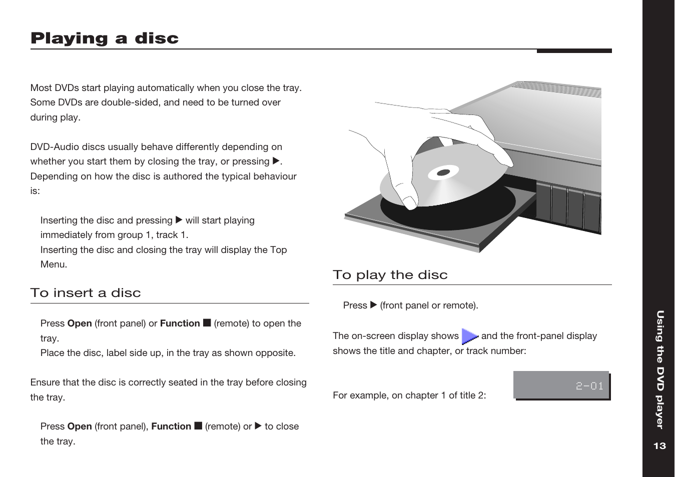 Playing a disc, Playing, Tray, opening and closing | Meridian America 598 User Manual | Page 20 / 87