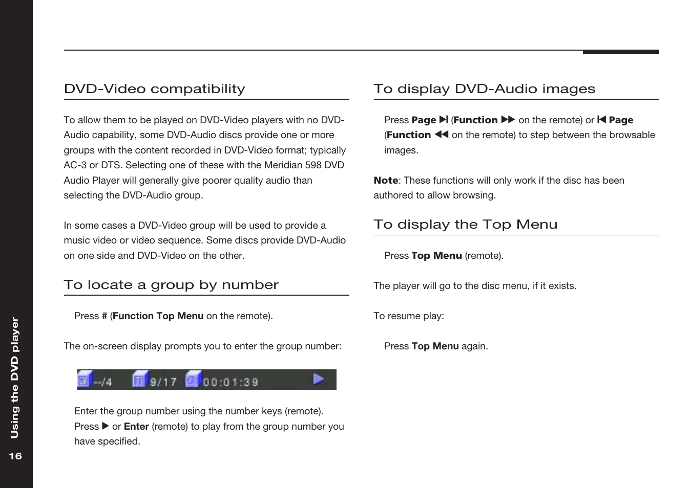 Locating groups by number, Top menu, Dvd-video compatibility | Meridian America 598 User Manual | Page 23 / 87