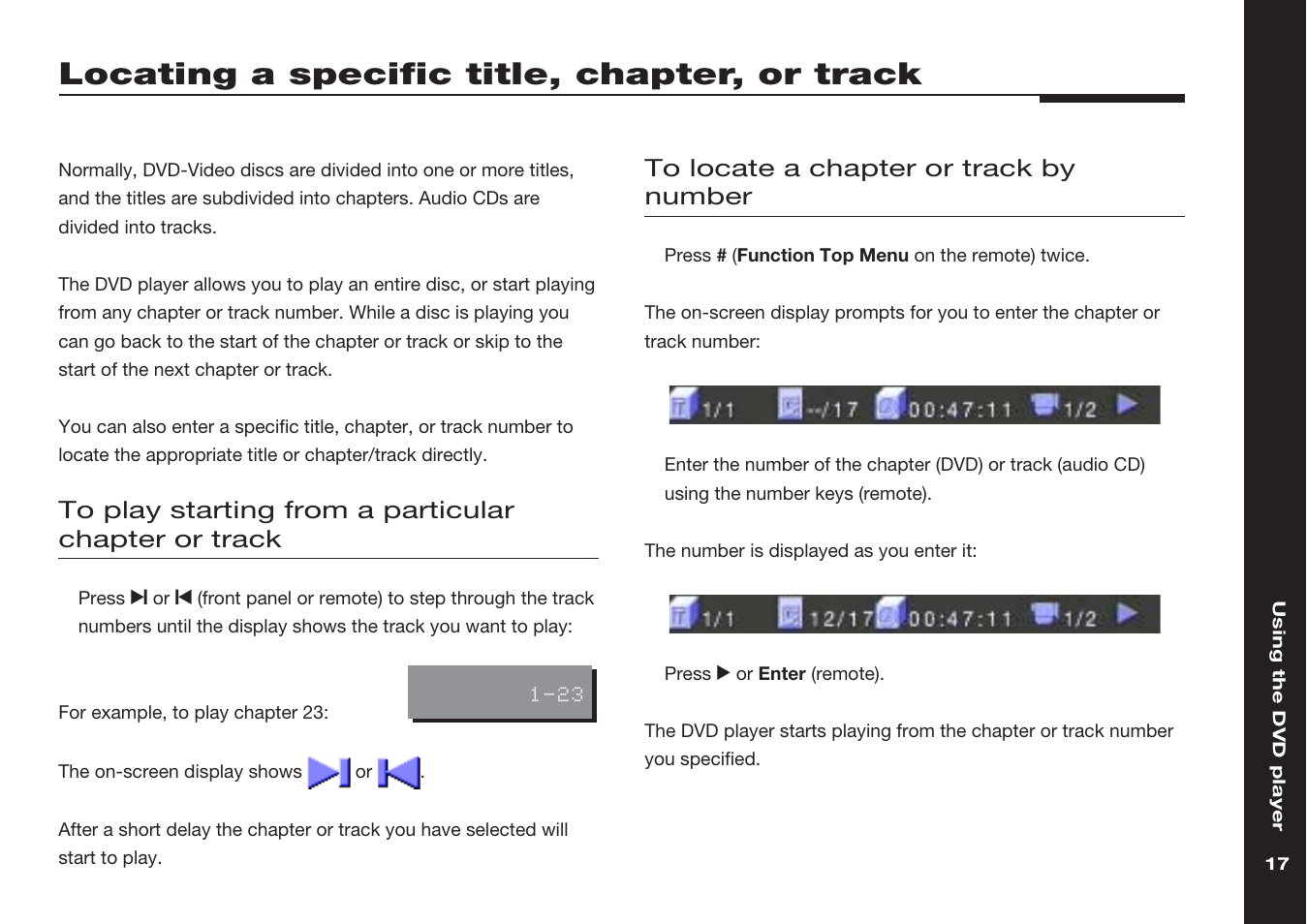 Locating a specific title, chapter, or track, Audio cds, Chapters | Dvd-video discs, A specific chapter or track, Titles, Tracks, Locating a specific title, chapter, Or track | Meridian America 598 User Manual | Page 24 / 87