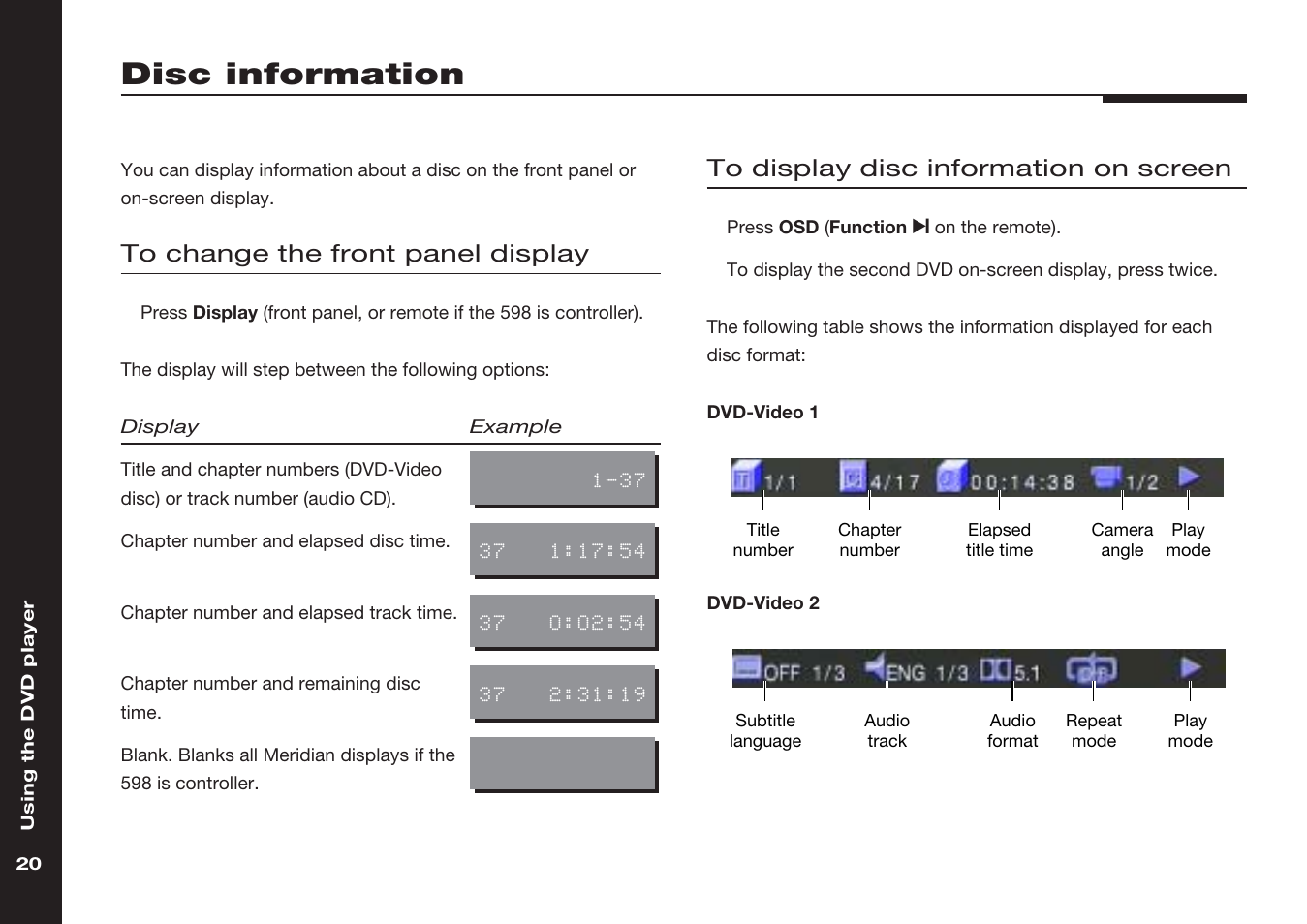 Disc information, Changing the display, Front panel | Front panel display, On-screen display | Meridian America 598 User Manual | Page 27 / 87
