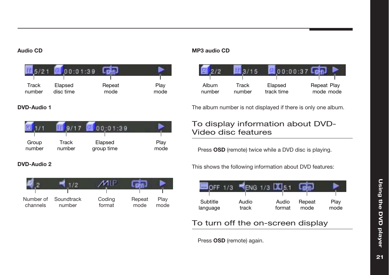 On-screen display, On-screen, Dvd information, displaying | Dvd information | Meridian America 598 User Manual | Page 28 / 87