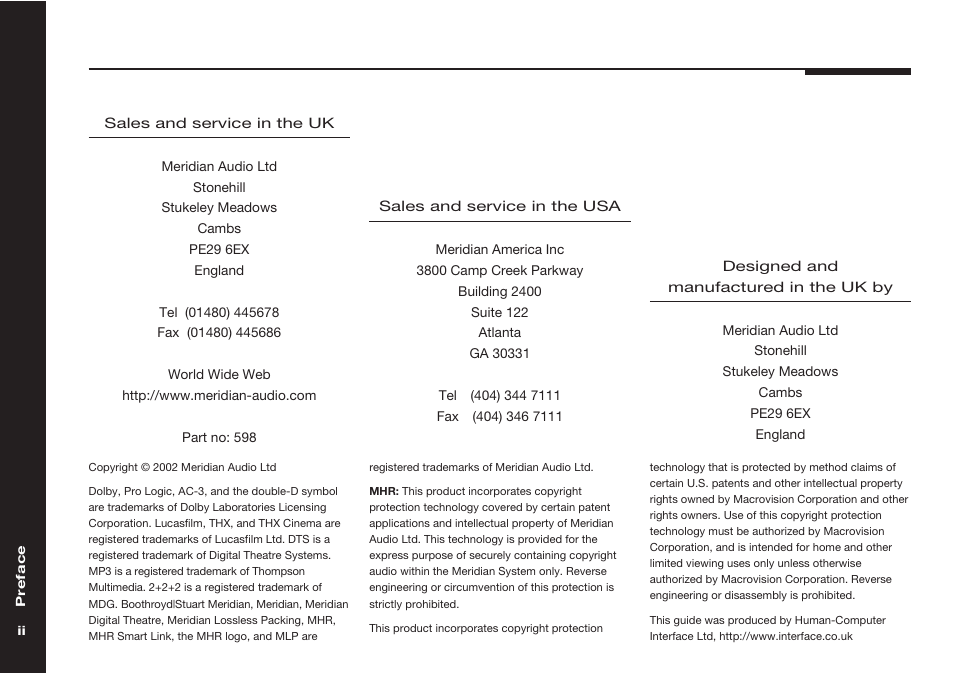 Meridian America 598 User Manual | Page 3 / 87