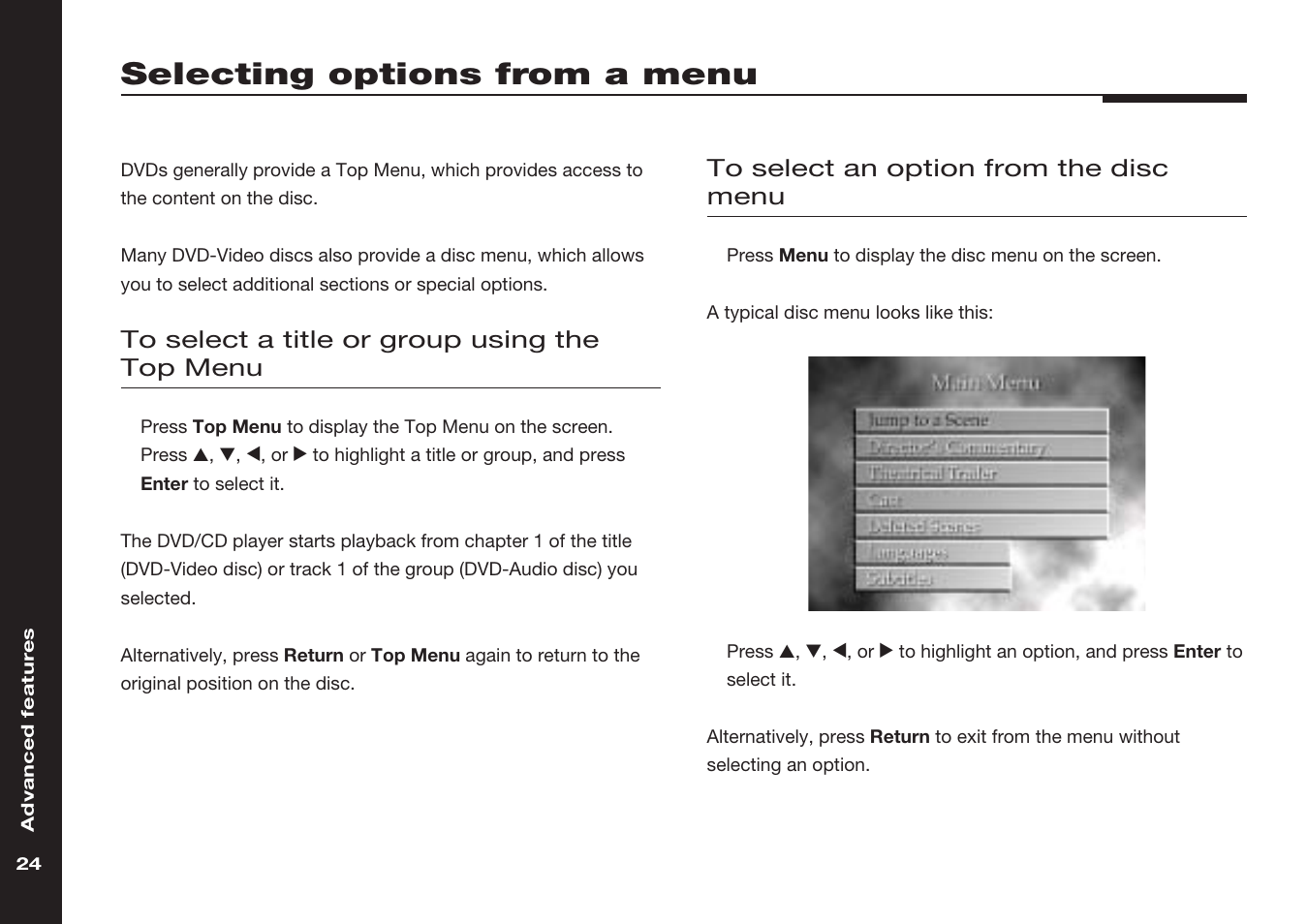 Selecting options from a menu, Disc menu, Menu key | Selecting from the title menu | Meridian America 598 User Manual | Page 31 / 87