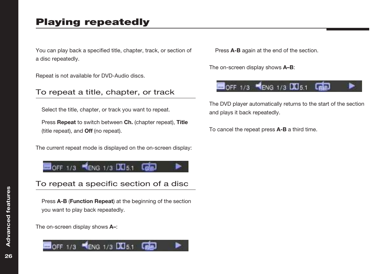 Playing repeatedly, A-b (remote), Repeating | Meridian America 598 User Manual | Page 33 / 87
