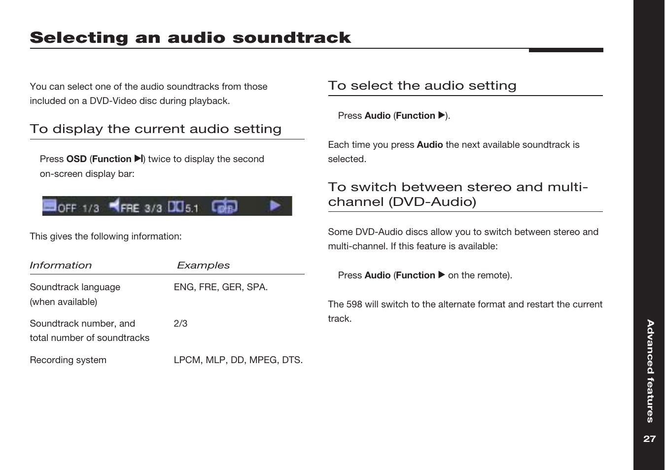 Selecting an audio soundtrack, Selecting, Multi-channel, switching from stereo | Meridian America 598 User Manual | Page 34 / 87