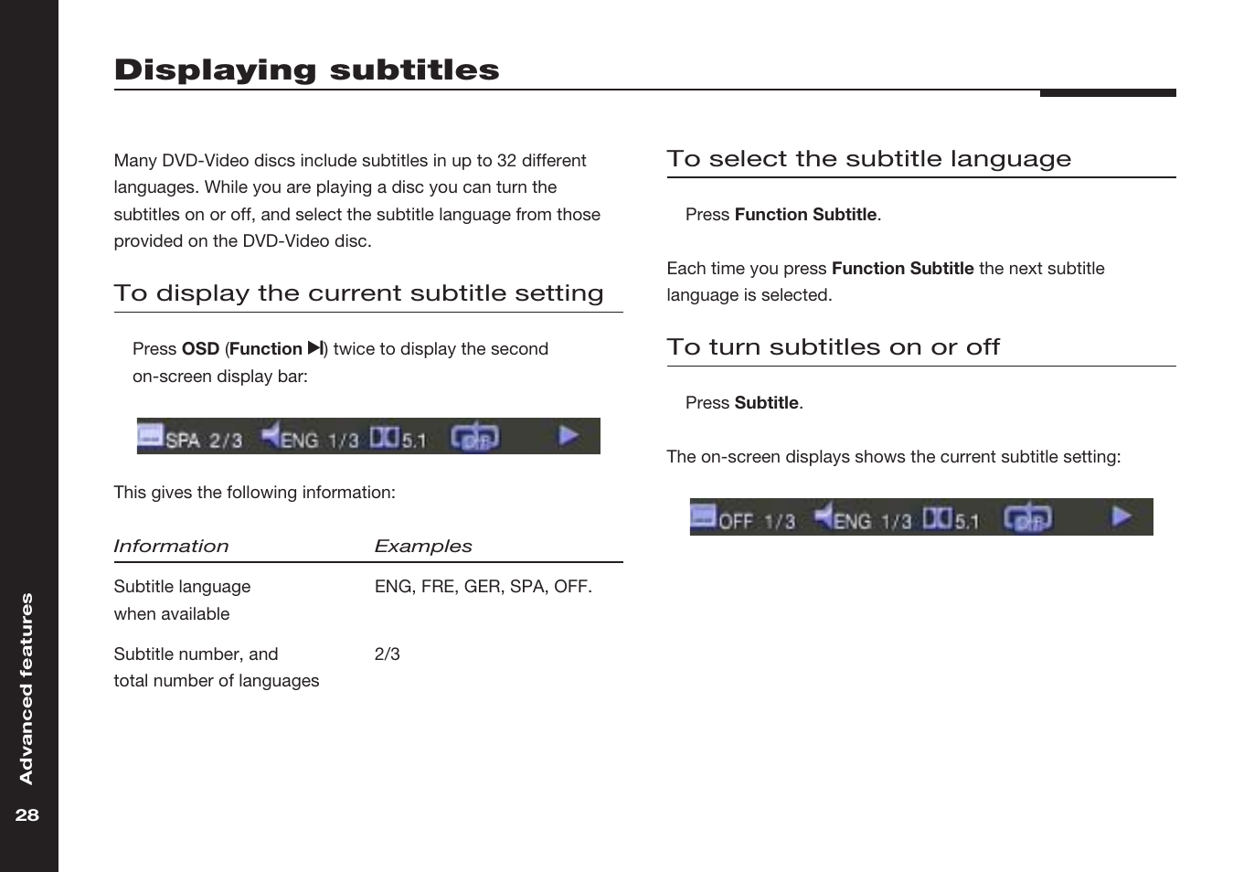 Displaying subtitles, Subtitles, Language | Settings, Turning on or off | Meridian America 598 User Manual | Page 35 / 87