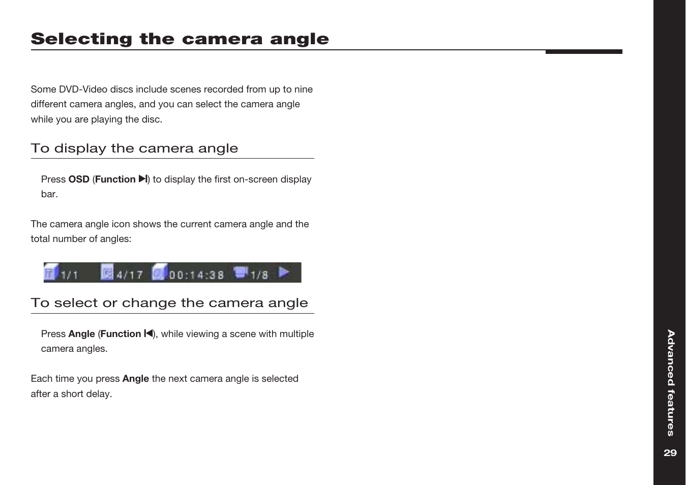 Selecting the camera angle, Camera angle, selecting, Camera angle | Meridian America 598 User Manual | Page 36 / 87