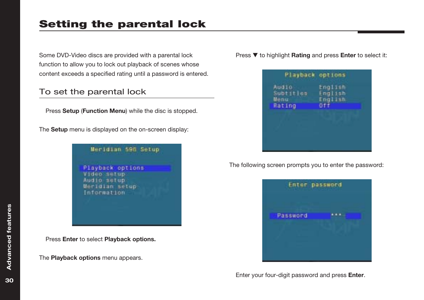 Setting the parental lock, Parental lock, setting | Meridian America 598 User Manual | Page 37 / 87