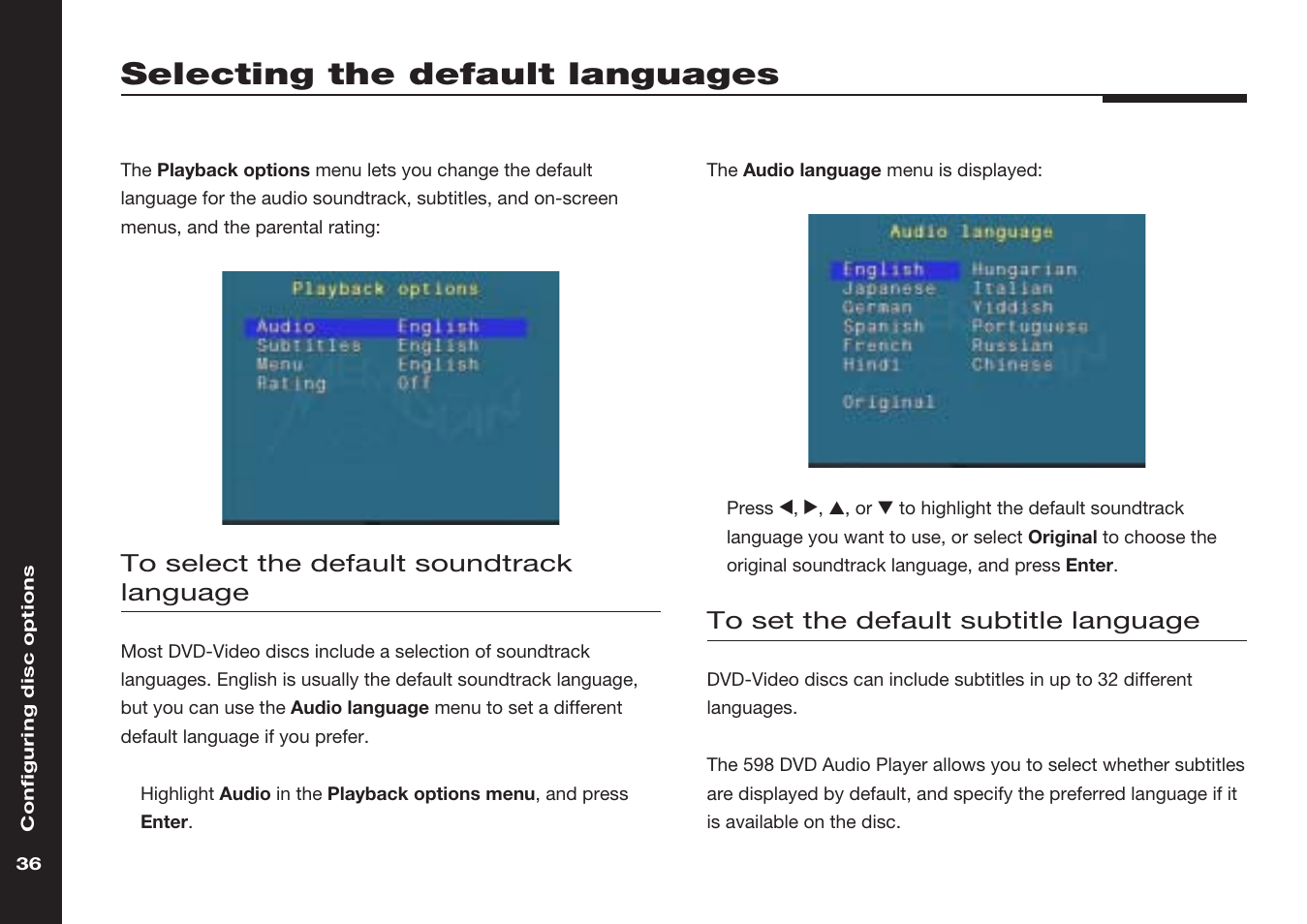 Selecting the default languages, Audio language menu, Soundtracks | Subtitles, Default language | Meridian America 598 User Manual | Page 43 / 87
