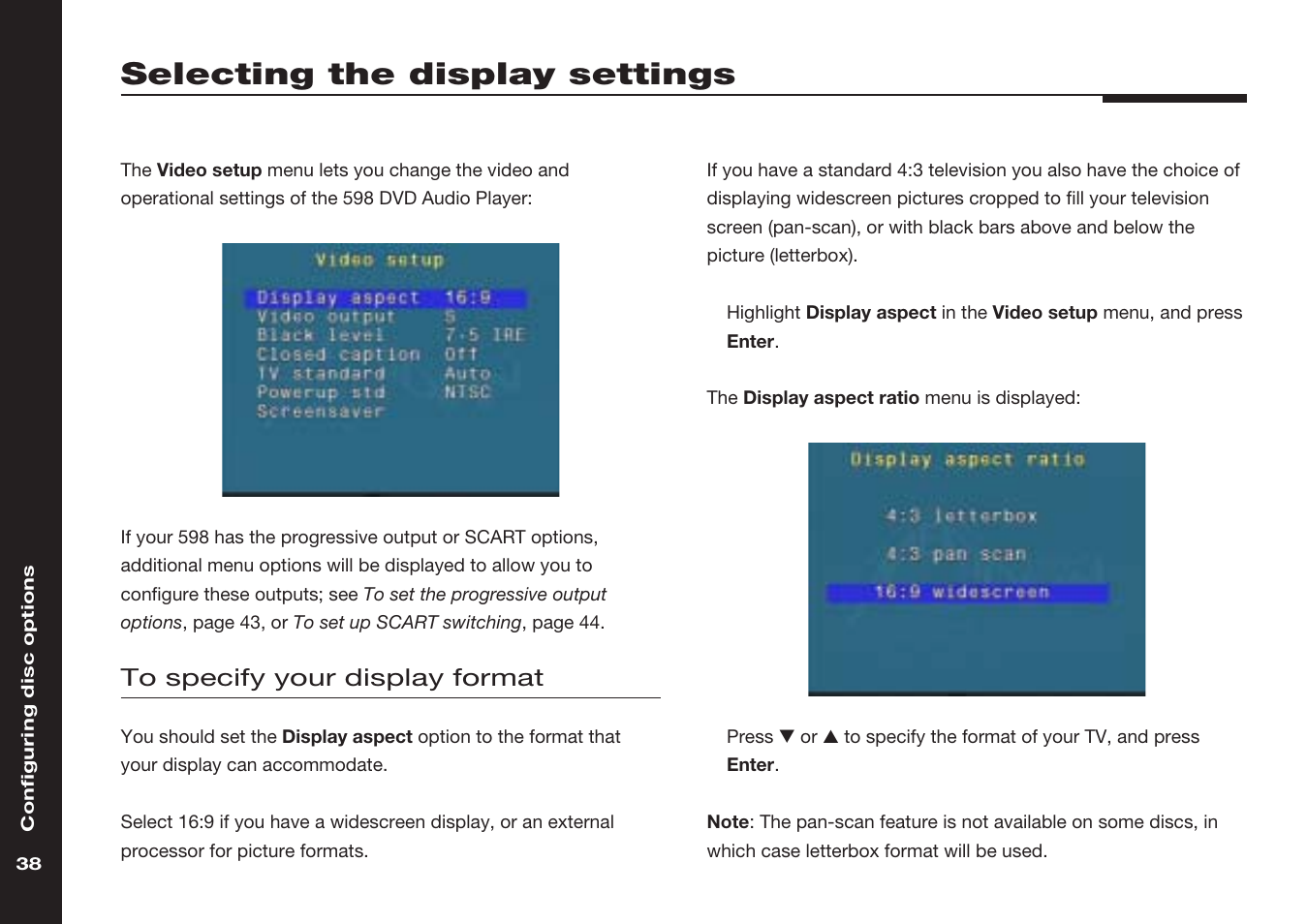 Selecting the display settings, Selecting formats, Display aspect ratio menu | Letterbox format, Pan-scan | Meridian America 598 User Manual | Page 45 / 87
