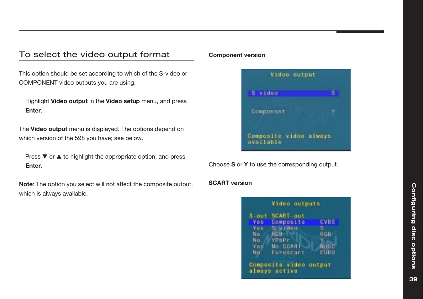 Video output format, selecting, Video output menu | Meridian America 598 User Manual | Page 46 / 87