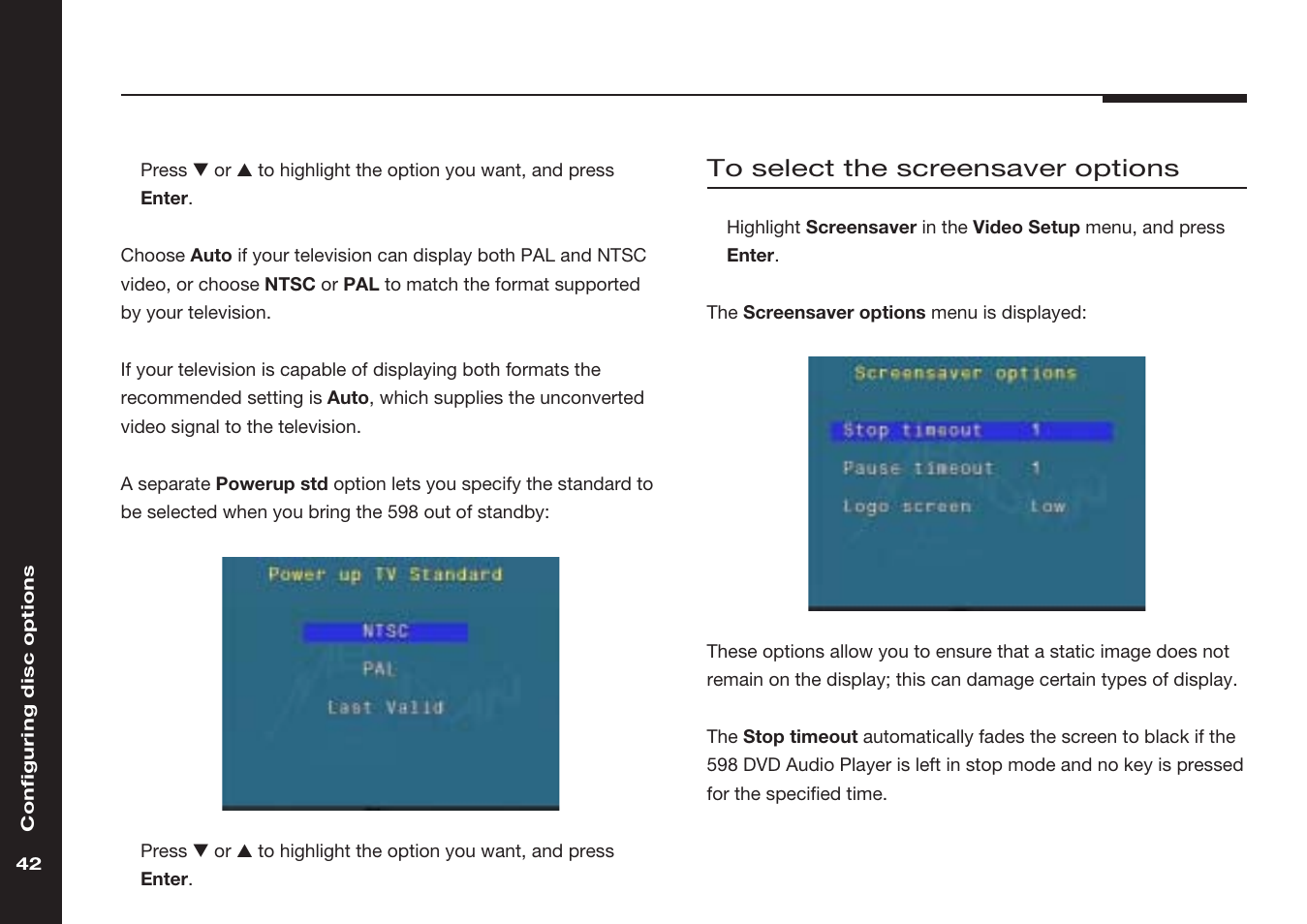 Screensaver timeouts | Meridian America 598 User Manual | Page 49 / 87