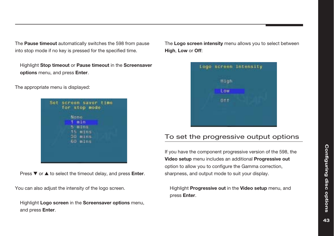 Progressive output options, setting | Meridian America 598 User Manual | Page 50 / 87