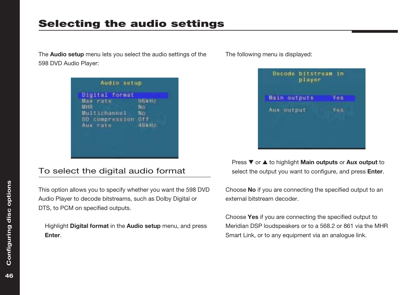 Selecting the audio settings, Digital audio formats | Meridian America 598 User Manual | Page 53 / 87