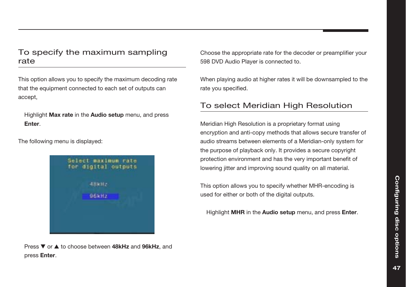 Maximum sampling rate, specifying, Meridian high resolution, selecting, Mhr option | Meridian America 598 User Manual | Page 54 / 87