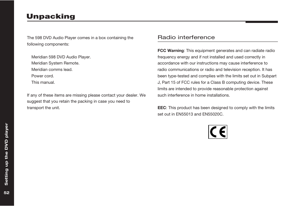 Unpacking, Components, Radio interference | Meridian America 598 User Manual | Page 59 / 87