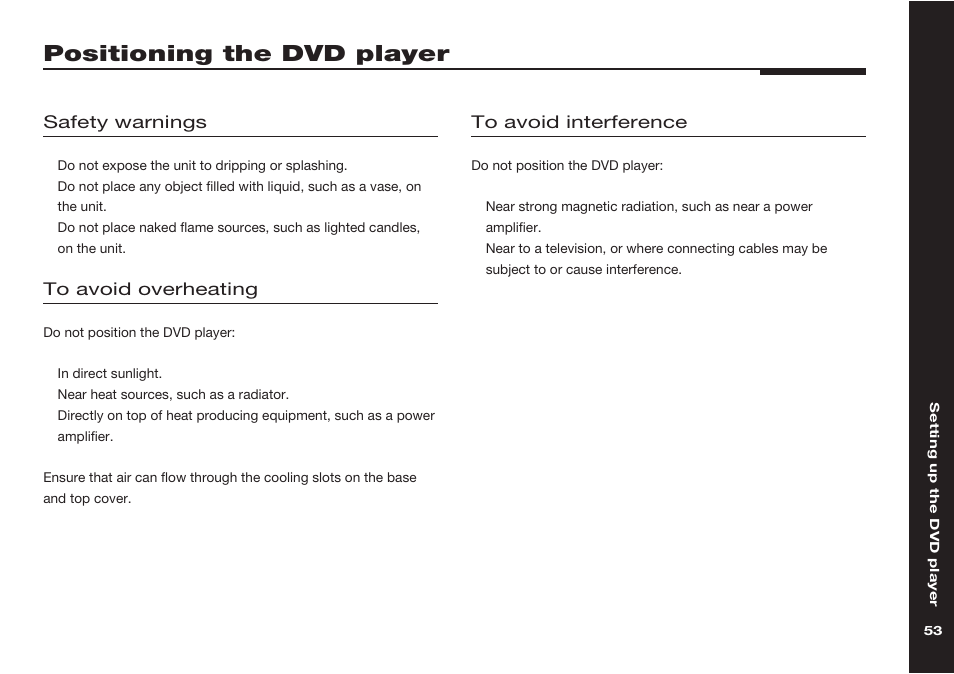 Positioning the dvd player, Interference, avoiding, Overheating | Safety warnings, Ventilation | Meridian America 598 User Manual | Page 60 / 87