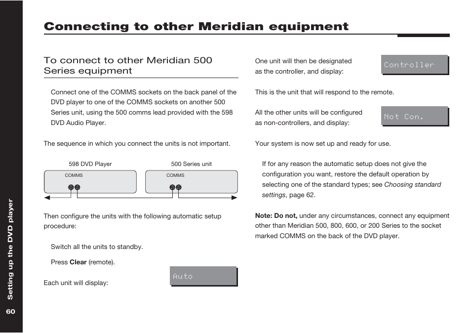 Connecting to other meridian equipment, Automatic setup, To meridian 500 series equipment | Controller, setting, Meridian 500 series operation, setting, Connecting to other meridian, Equipment | Meridian America 598 User Manual | Page 67 / 87