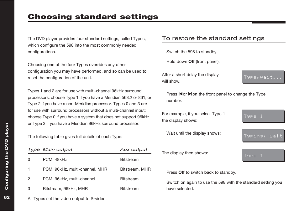 Choosing standard settings, Standard settings | Meridian America 598 User Manual | Page 69 / 87