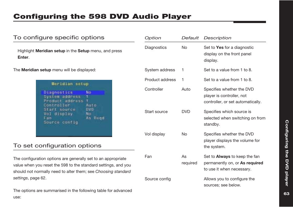 Configuring the 598 dvd audio player, Configuration options | Meridian America 598 User Manual | Page 70 / 87