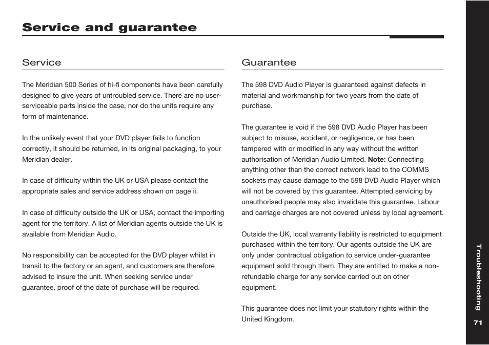 Service and guarantee, Guarantee, Service | Meridian America 598 User Manual | Page 78 / 87