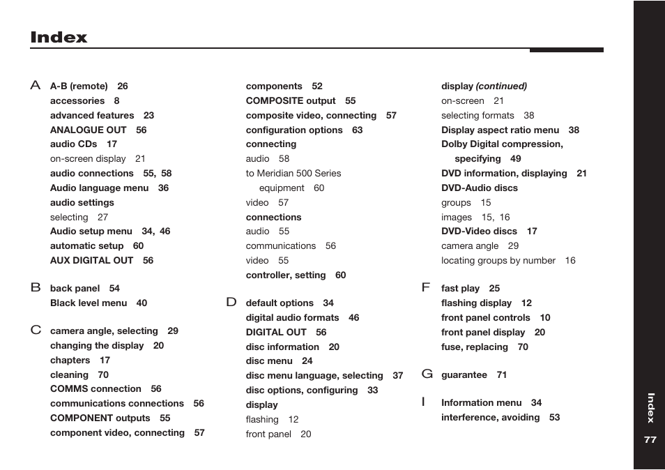Index, Audio settings, Connecting | Connections, Display, Dvd-audio discs | Meridian America 598 User Manual | Page 84 / 87
