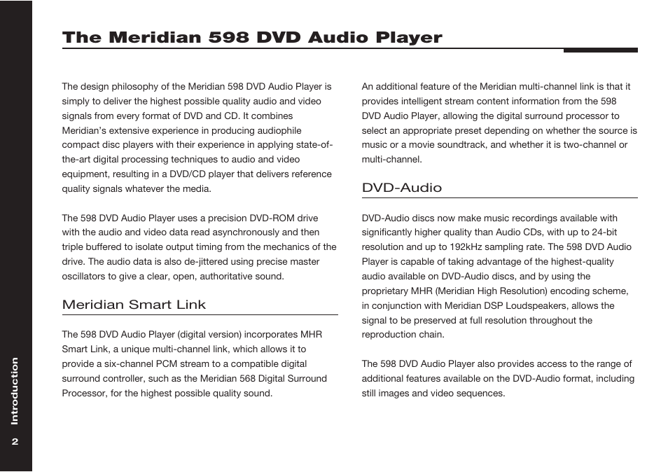 The meridian 598 dvd audio player, Multi-channel link, Meridian smart link | Dvd-audio | Meridian America 598 User Manual | Page 9 / 87